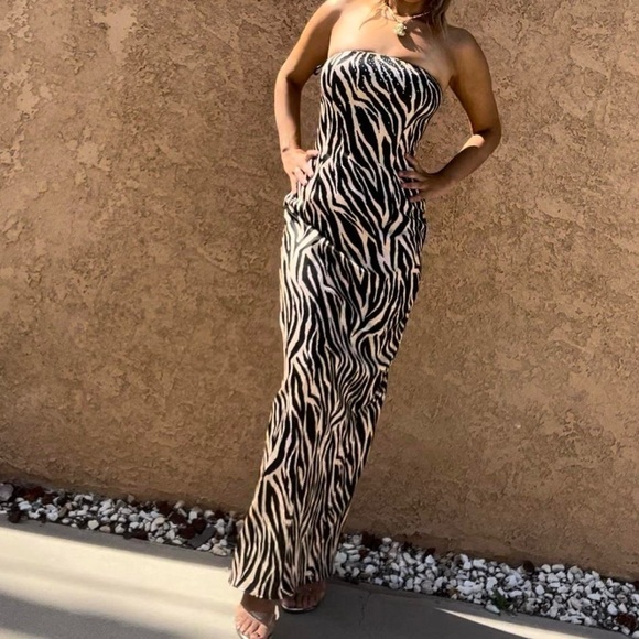 Gunne Sax x Jessica McClintock 90s Y2K Vintage Zebra Strapless Rhinestone Dress - Picture 1 of 13